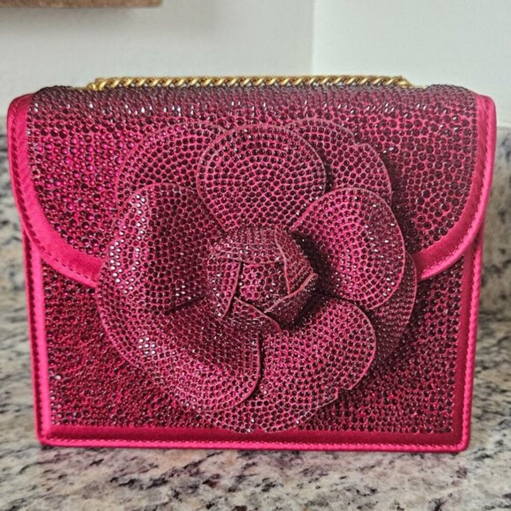 RARE OSCAR DE LA RENTA RED CRYSTAL FLOWER JEWEL TRO CROSSBODY EVENING HANDBAG
